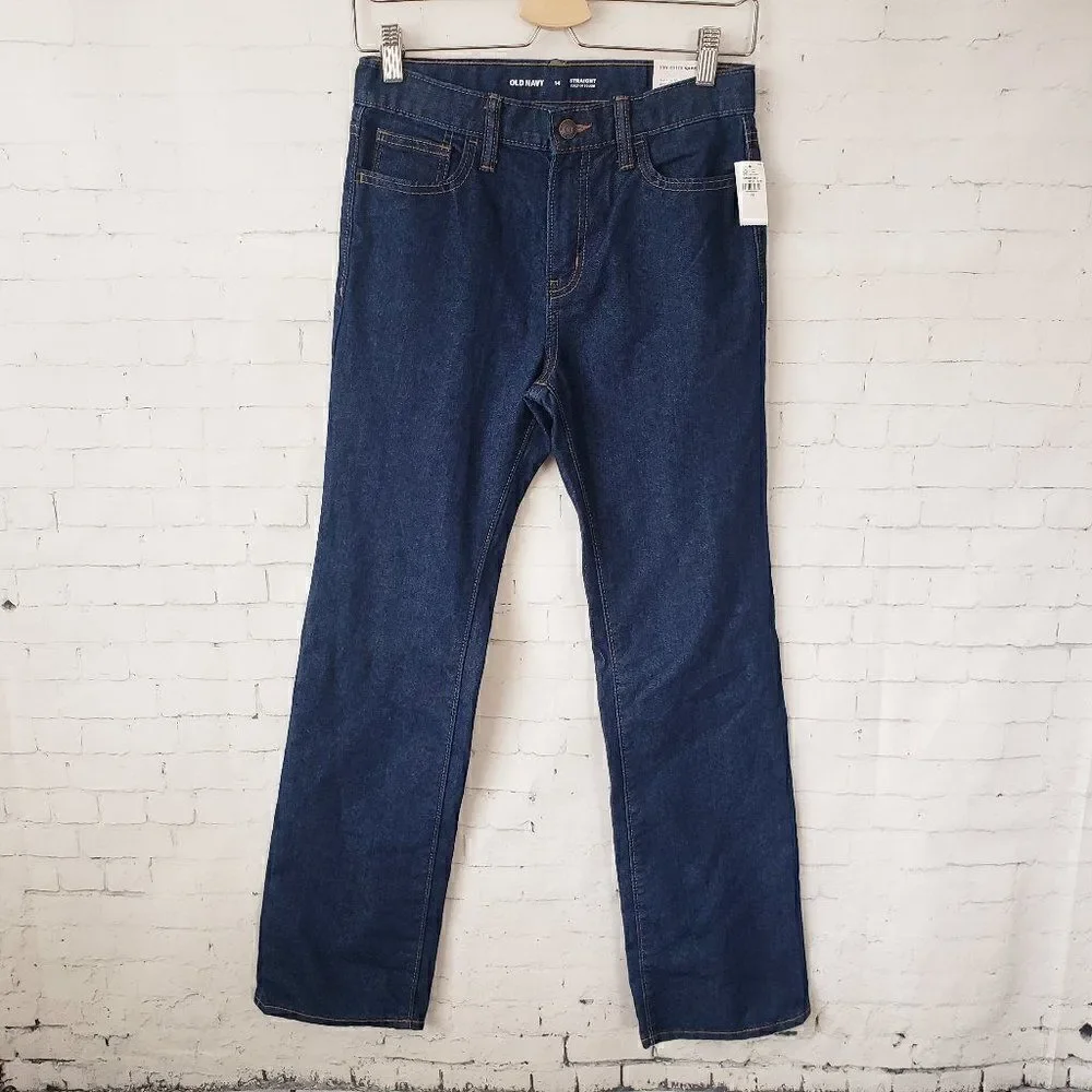 Old Navy Boys Straight Jeans Size 14 Built In Tough Adjustable Waist Dark Blue